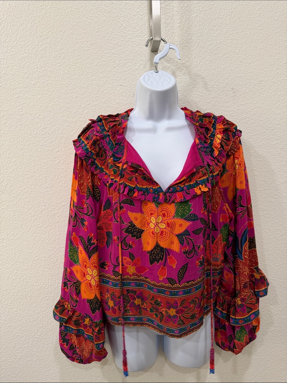 FARM Rio Magenta Floral Ruffle Peasant Blouse with Orange Accents